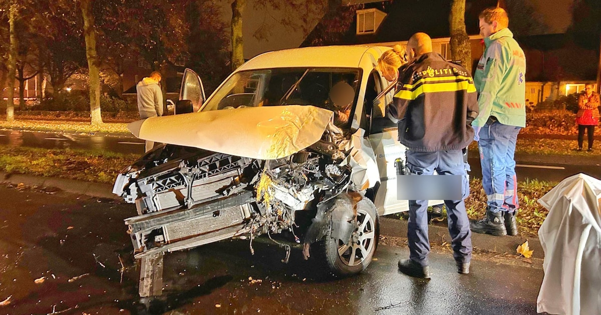 Bestelbus botst frontaal tegen boom op verkeerde weghelft in Veldhoven, bestuurder naar ziekenhuis