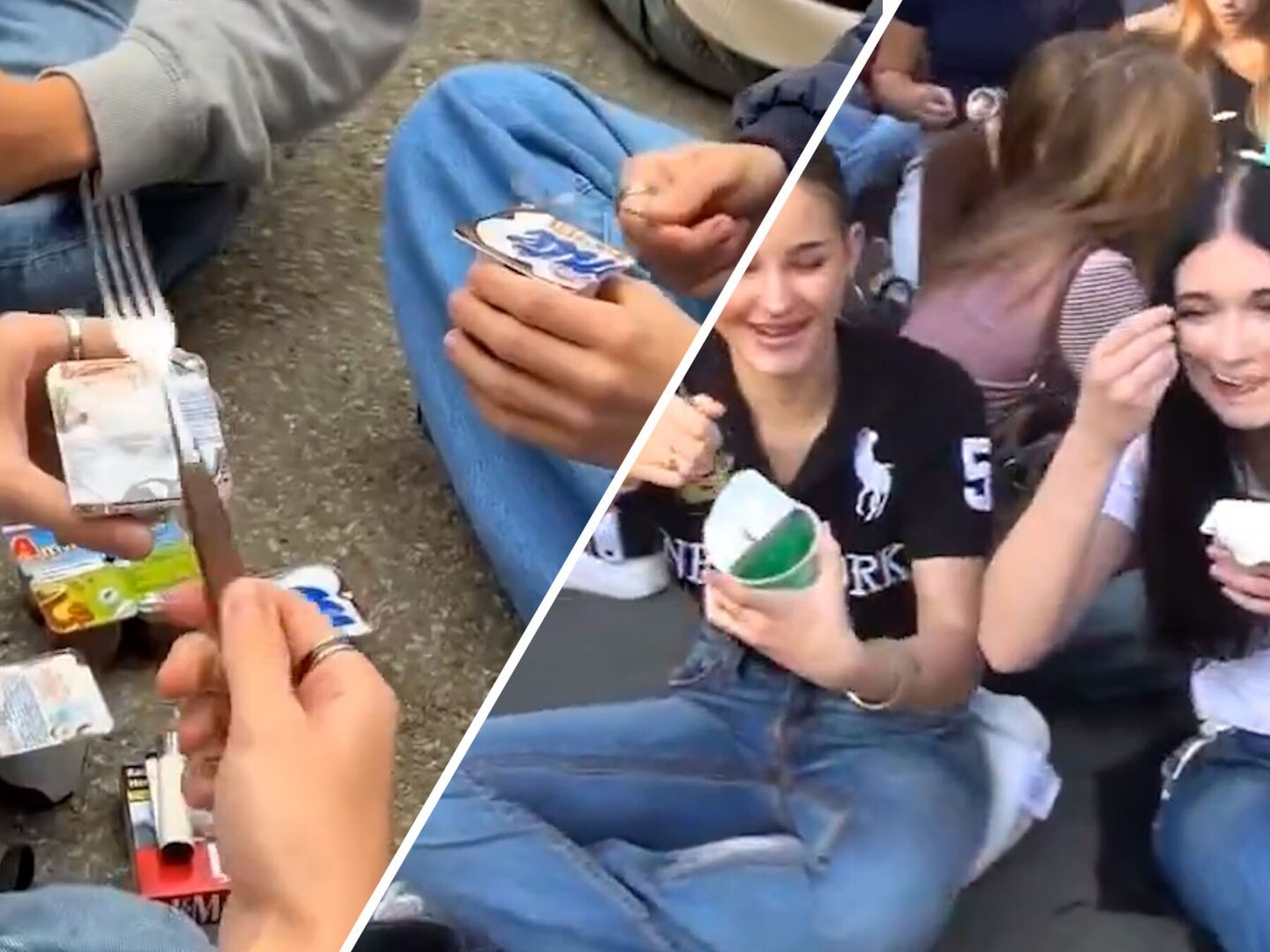 Honderden jonge Duitsers eten samen pudding met een vork