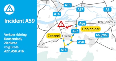 Kapotte vrachtwagen legde verbindingsweg A59 plat: verkeer richting Breda moest omrijden