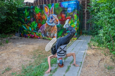 Nieuwsgierig knuffelkonijn met serieuze boodschap in Nelson Mandelapark