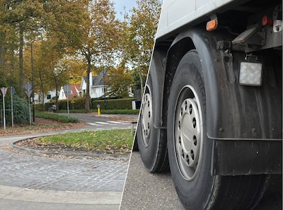 Schampblokken onderweg om vrachtwagens in goede banen over ovonde in Aalst te leiden
