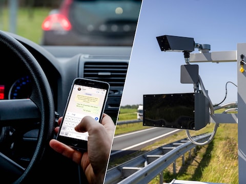 Een bestuurder verstuurt een bericht tijdens het rijden/De speciale focusflitser ziet haarfijn wie er met zijn telefoon bezig is tijdens het rijden.