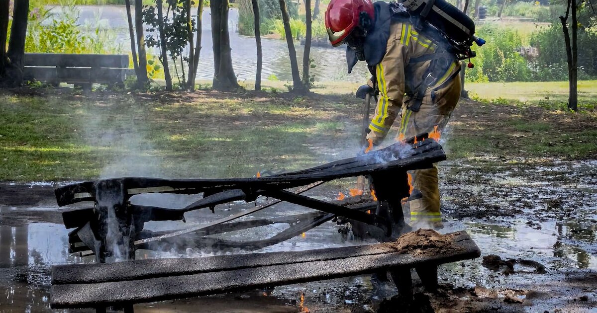 Picknicktafel in bos waarschijnlijk met opzet in brand gestoken, felle vlammen geblust